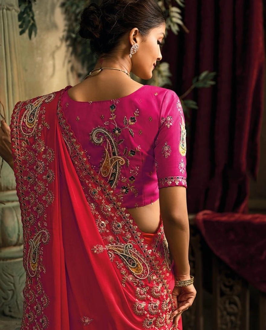 PINK - Pink Red Designer Embroidered Silk Saree with Heavy Border